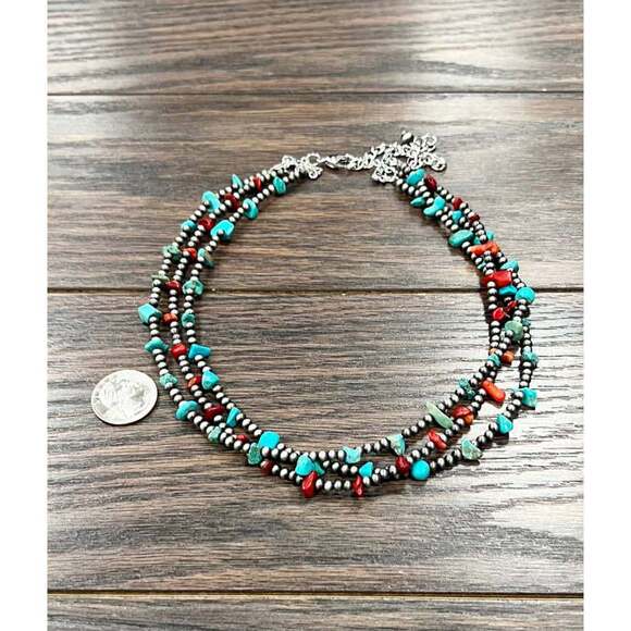 Handmade Navajo Coral and Turquoise Three Strand Necklace 16 to 21 Inches - Picture 2 of 3